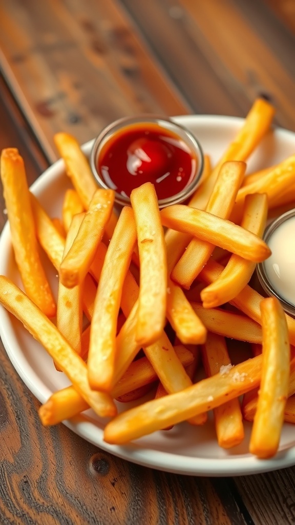 Air Fryer In-N-Out Style Fries Recipe Crispy air fryer fries served with ketchup and dipping sauce on a rustic table.